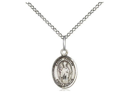 Sterling silver St. Austin pendant with detailed figure on 24-inch light rhodium heavy curb chain, 1 inch medal.