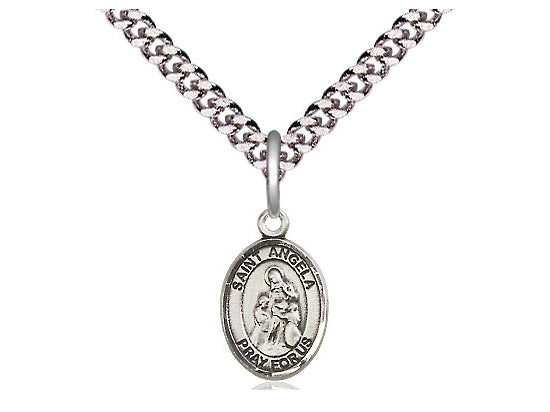 Sterling Silver St Angela Merici Pendant on a 24 inch Light Rhodium Heavy Curb Chain.
