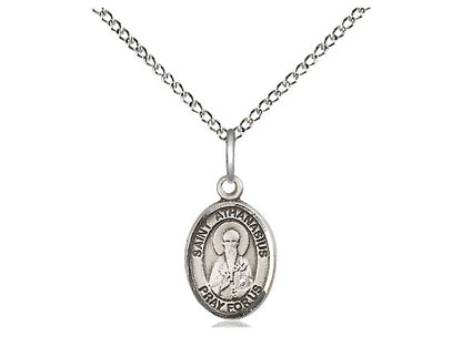 Sterling silver St. Athanasius pendant with detailed saint image and inscription, on 24-inch rhodium curb chain.