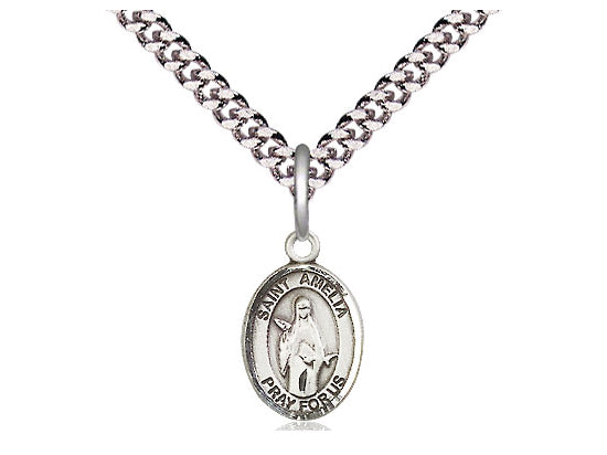 Sterling Silver St. Amelia Pendant on a 24 inch Light Rhodium Heavy Curb Chain