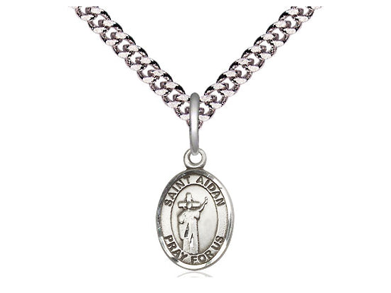 Sterling Silver St. Aidan of Lindesfarne Pendant on a 24 inch Light Rhodium Heavy Curb Chain.