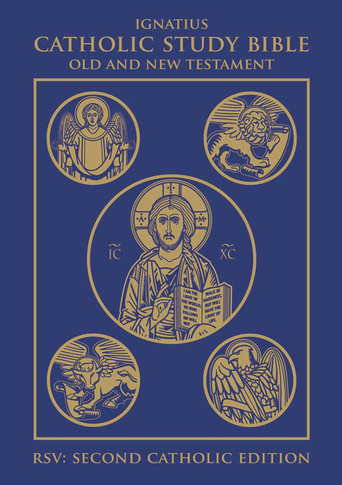 Ignatius Catholic Study Bible Old and New Testament hardcover with gold religious icon artwork on blue cover, RSV second edition