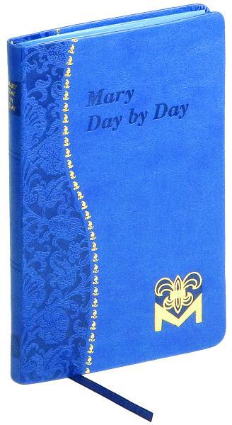 Blue hardcover devotional book titled Mary Day by Day with gold detailing and decorative embossed pattern on the spine and cover