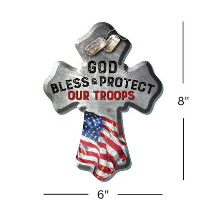 6" x 8" wood wall cross with American flag, dog tags, and "God Bless & Protect Our Troops" text design