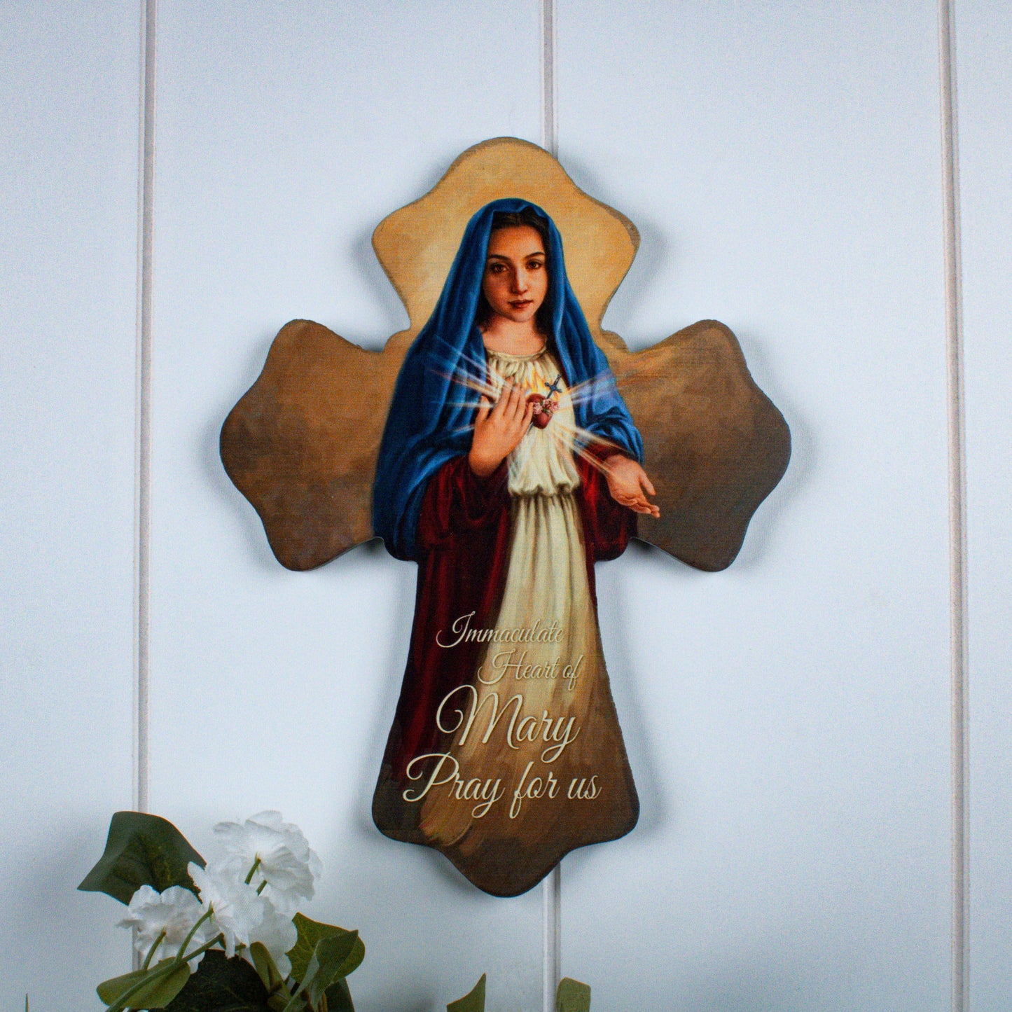 6"X 8" wooden wall cross depicting Immaculate Heart of Mary with John 3:16 and keyhole hanger on back