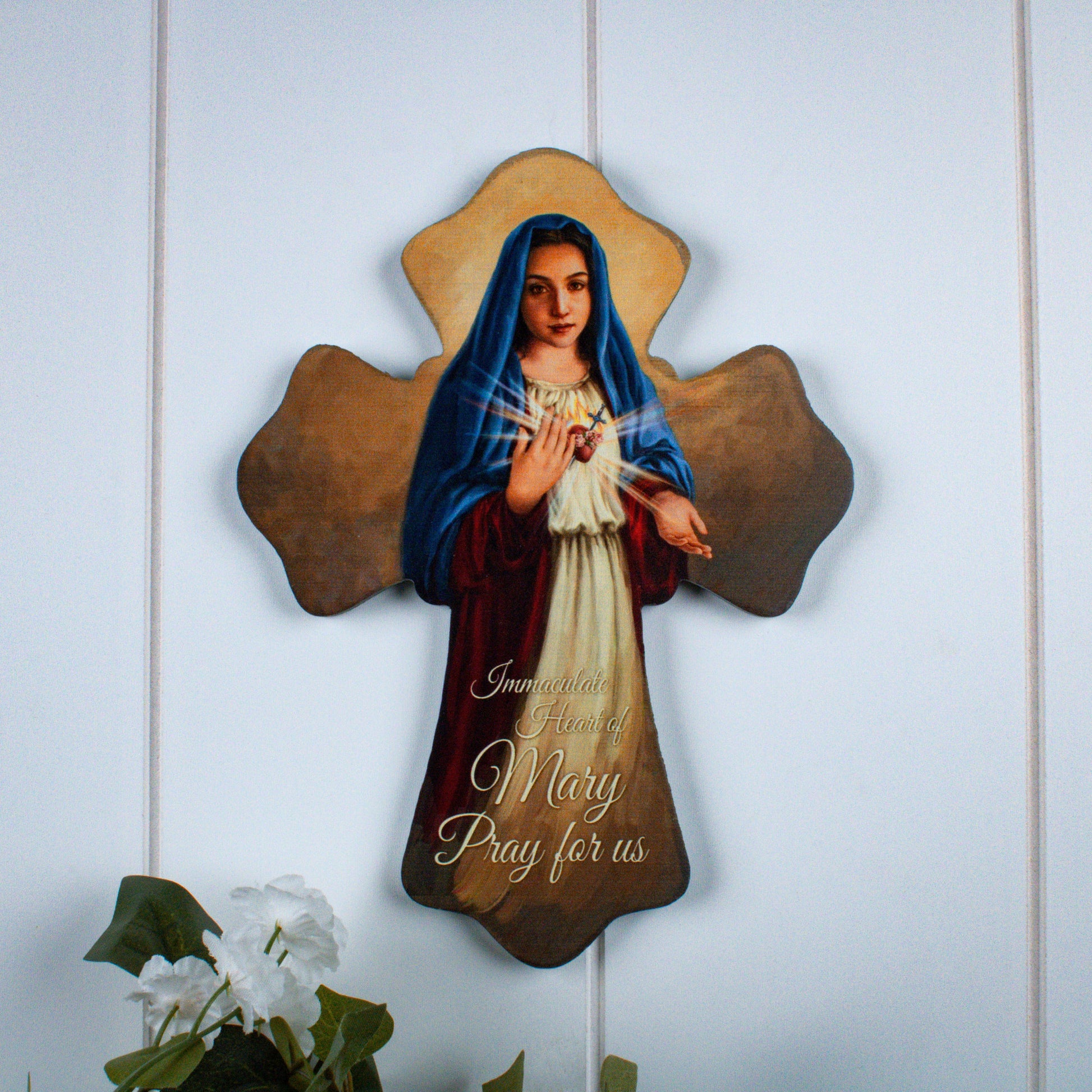 6"X 8" wooden wall cross depicting Immaculate Heart of Mary with John 3:16 and keyhole hanger on back