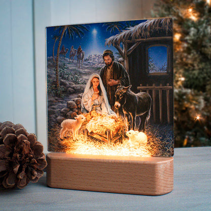 Nativity scene tabletop ornament plaque nightlight with baby Jesus, Mary, Joseph, animals, and warm white LED glow