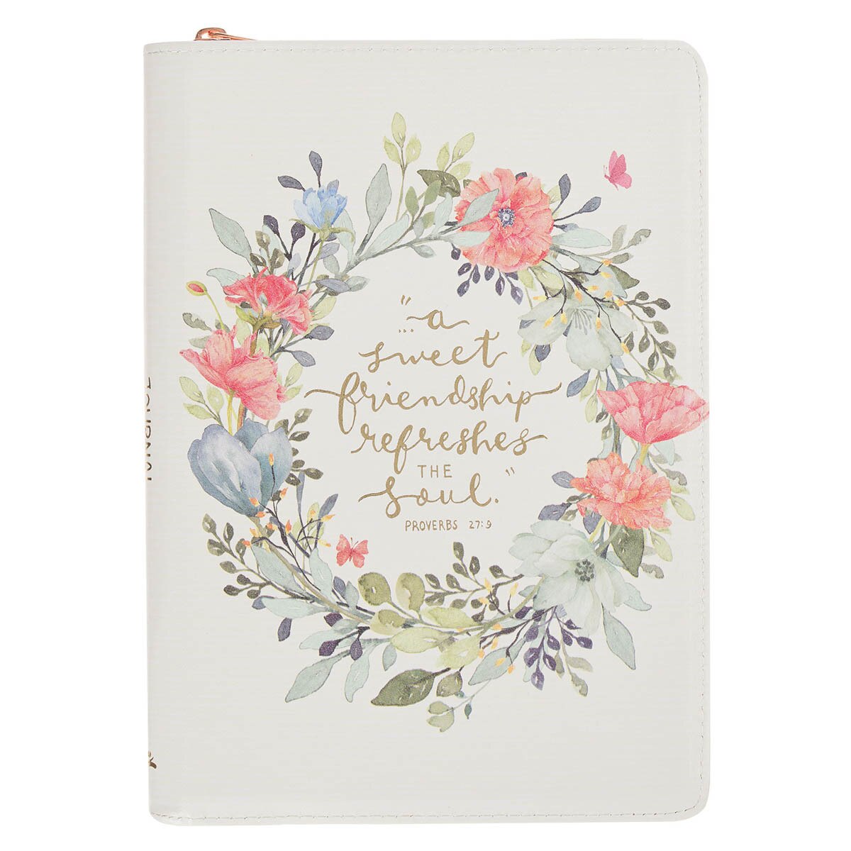 Faux leather journal with bright floral wreath and Proverbs 27:9 quote with zipper closure on white background