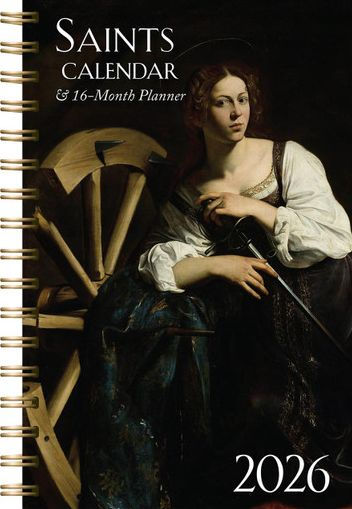2026 Saints Calendar and 16-month daily planner featuring spiral-bound design and classical religious artwork cover