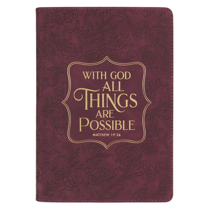 Burgundy faux leather journal with embossed floral pattern and gold foil Matthew 19:26 scripture on cover