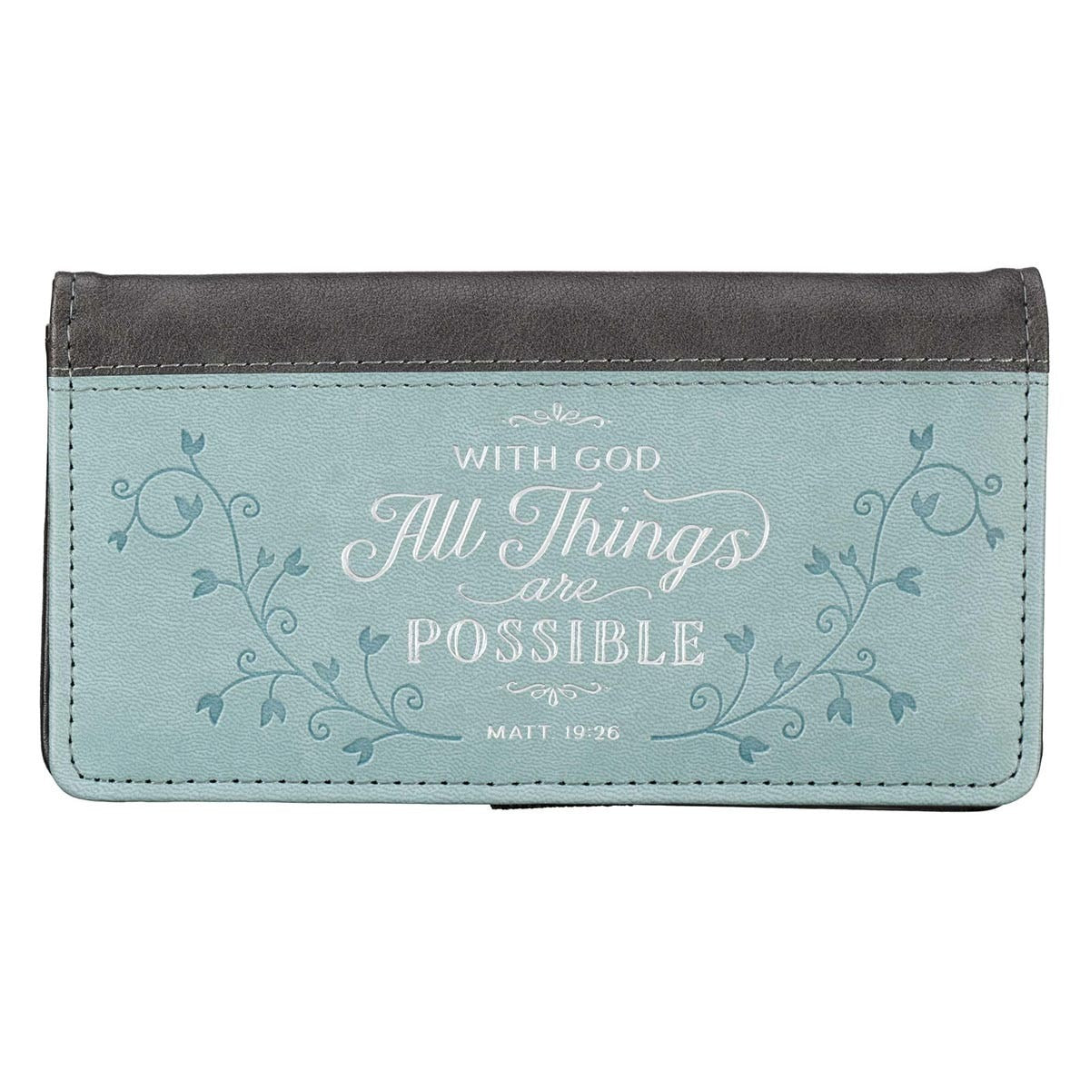 All Things Are Possible two-tone gray and blue faux leather checkbook cover with Matthew 19:26 Bible verse and floral design