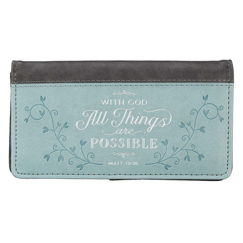All Things Are Possible two-tone gray and blue faux leather checkbook cover with Matthew 19:26 Bible verse and floral design