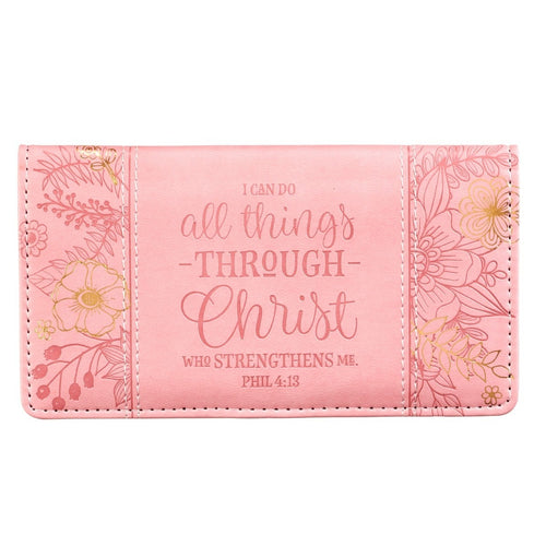 Pink floral faux leather checkbook wallet with Philippians 4:13 "I can do all things through Christ" verse design