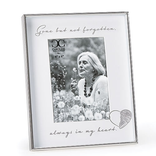 Silver memorial picture frame 8.75" tall with "Gone but not forgotten, always in my heart" inscription and heart design