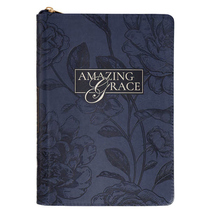 Amazing Grace Navy Blue Floral Faux Leather Classic Journal Zipper Closure