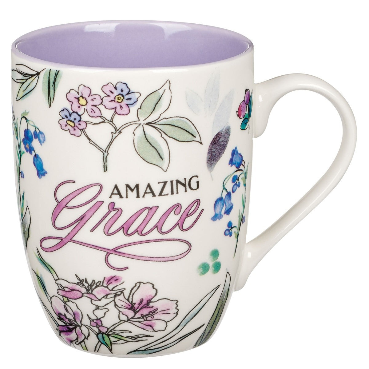 Ceramic mug with purple interior featuring “Amazing Grace” text and delicate purple and blue floral design on white background