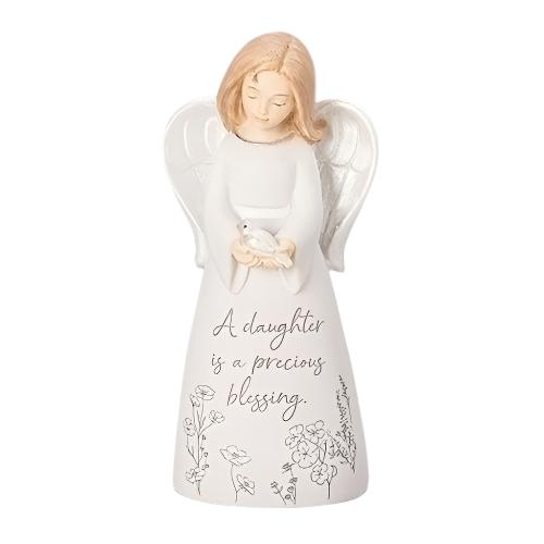 Angel for a Daughter Figurine 4.5" with blonde hair, white wings, holding a bird, inscribed “A daughter is a precious blessing”