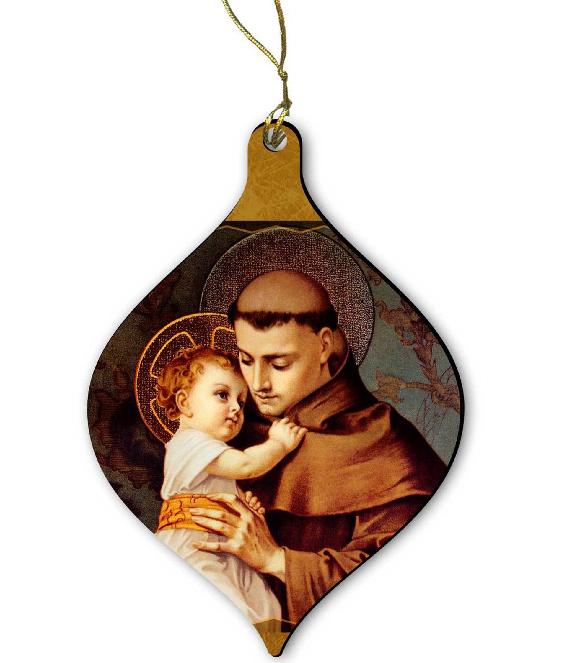 St. Anthony with Jesus wood ornament, laser-cut with glossy finish, 2 3/4 inches, pre-tied satin hanging ribbon
