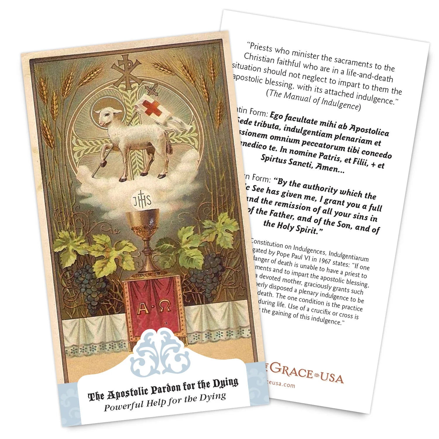 4" x 6" Apostolic Pardon Holy Card with religious imagery, lamb, chalice, and prayers for the dying and forgiveness of sins