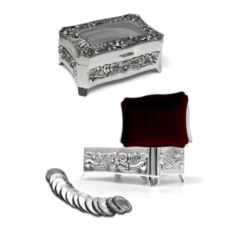 Vintage silver treasure box with floral details and matching 13-piece Arras wedding coin set displayed outside box