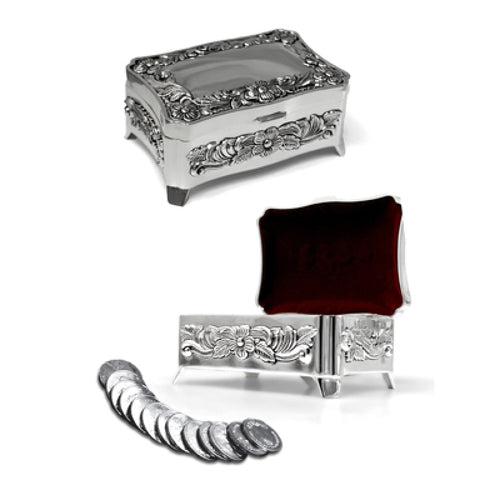 Vintage silver treasure box with floral details and matching 13-piece Arras wedding coin set displayed outside box