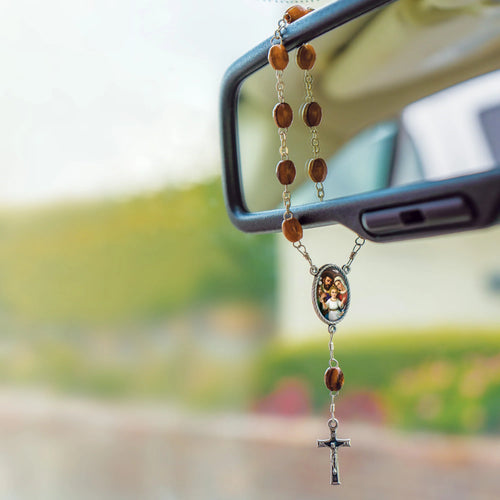 Holy Family (Dark) Holy Land Olive Wood Auto Rosary