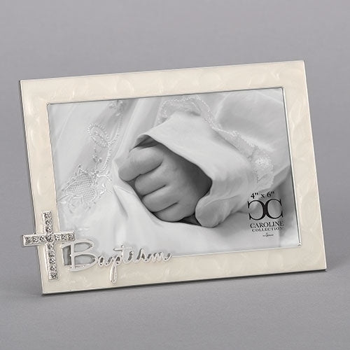 Baptism Picture Frame with Rhinestone Cross (4 x 6") - Unique Catholic Gifts