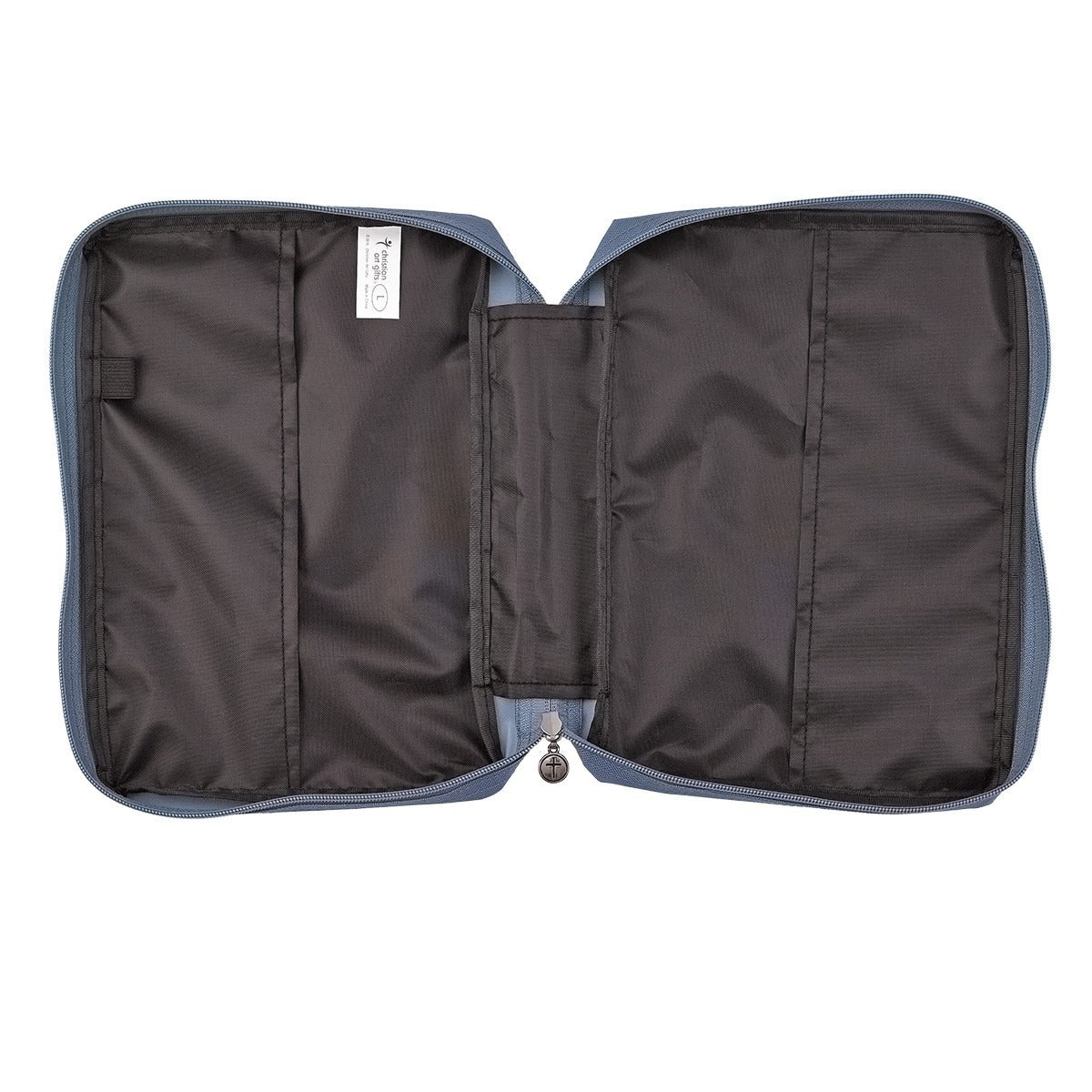 Large Footprints poly-canvas Bible cover opened to show spacious black interior with multiple storage pockets and zipper closure