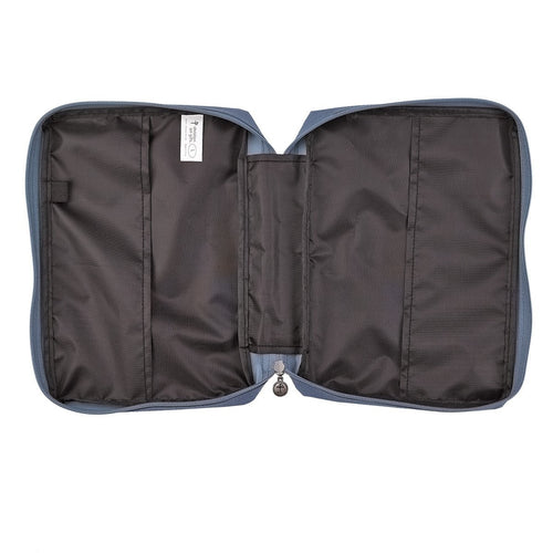 Large Footprints poly-canvas Bible cover opened to show spacious black interior with multiple storage pockets and zipper closure