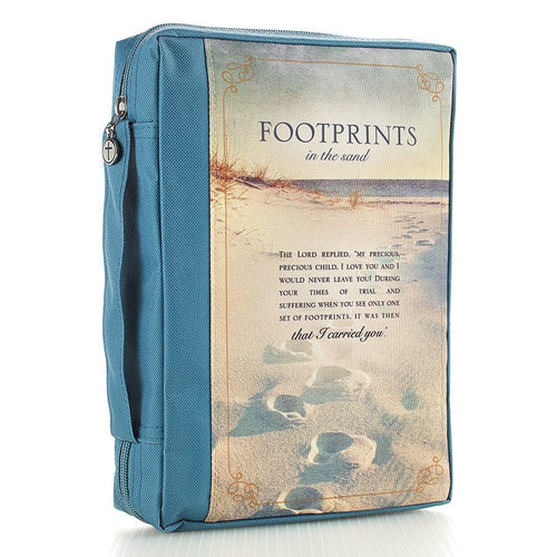Large Footprints poly-canvas Bible cover with blue side panels, zipper, handle, and printed Inspirational poem design
