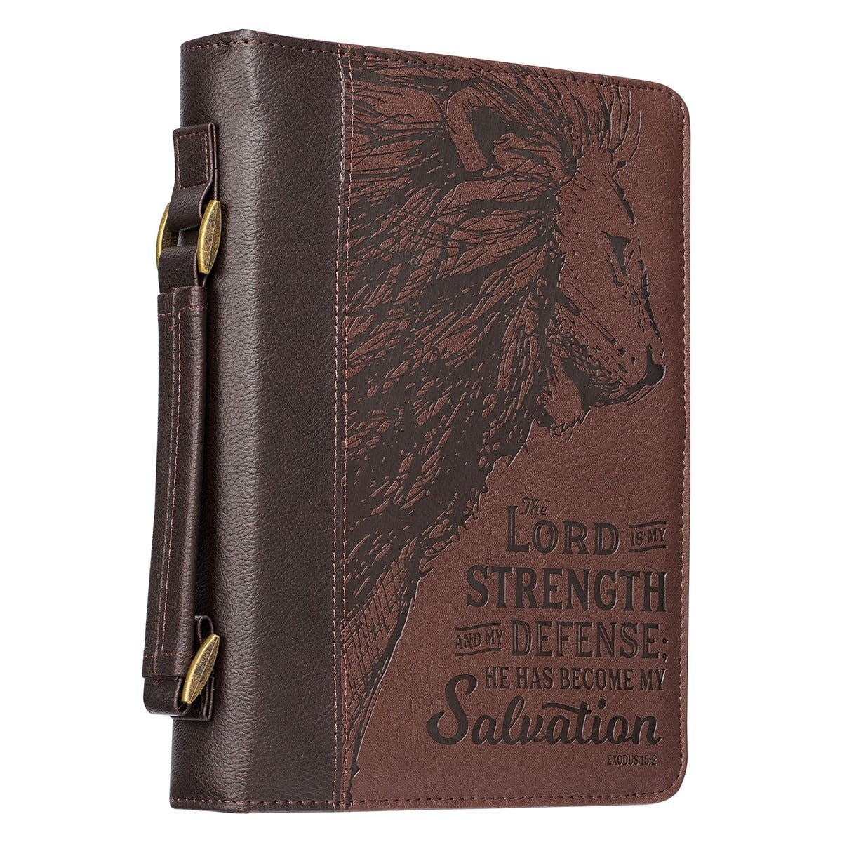 Strength and Defense walnut-brown faux leather Bible cover with embossed buffalo design and scripture quote on front panel