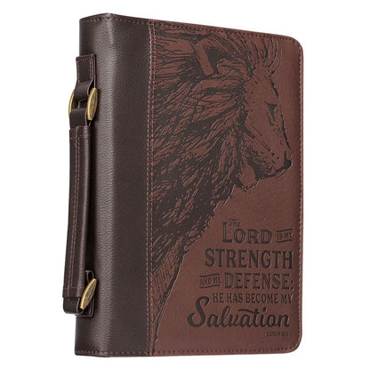 Strength and Defense walnut-brown faux leather Bible cover with embossed buffalo design and scripture quote on front panel
