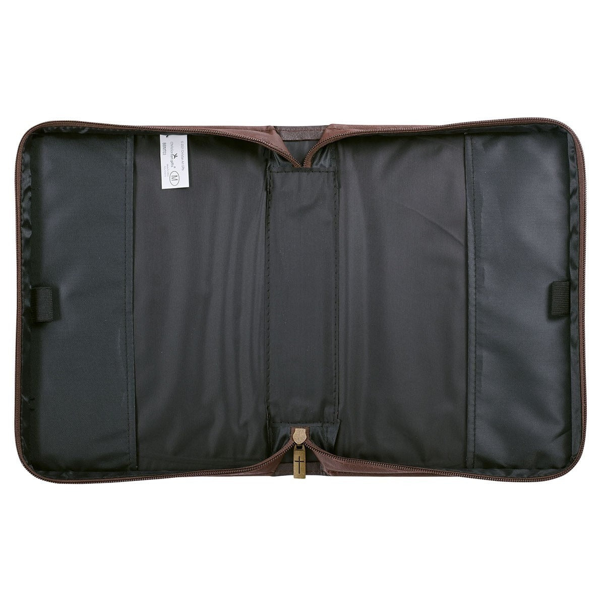 Large walnut-brown faux leather Bible cover with black interior, zipper closure, and cross-shaped zipper pull detail