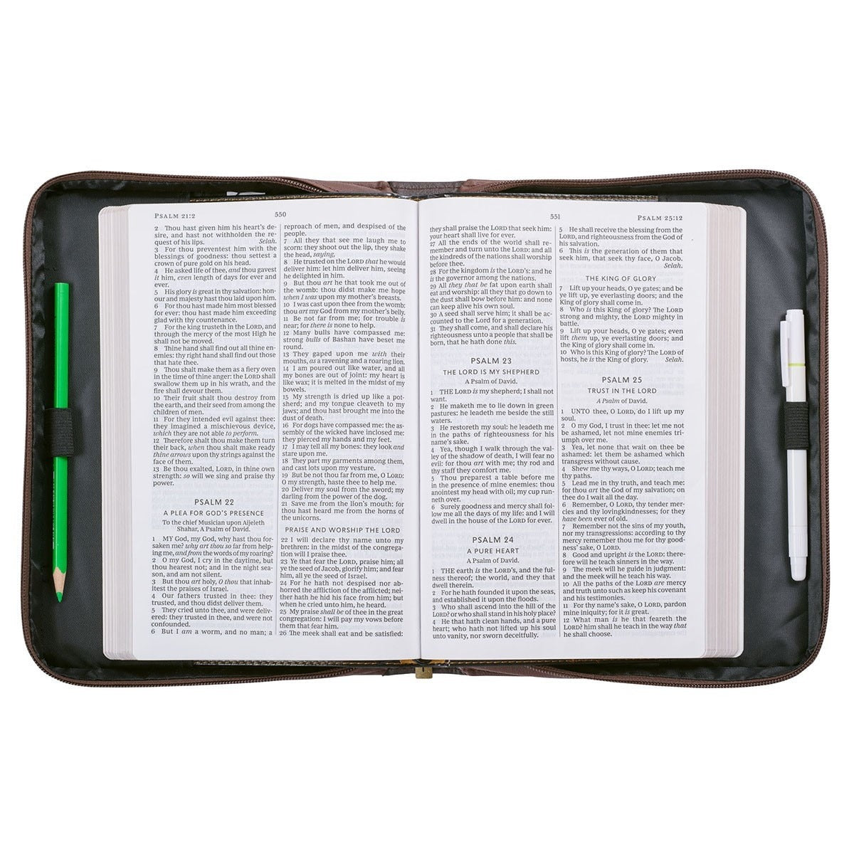 Large open Bible inside walnut-brown faux leather cover with zipper and protective padded edges