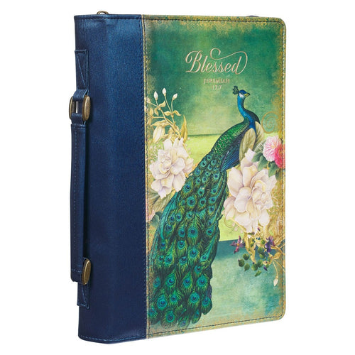 Large peacock blue faux leather Bible cover with floral design, gold Blessed script, and sturdy side handle strap