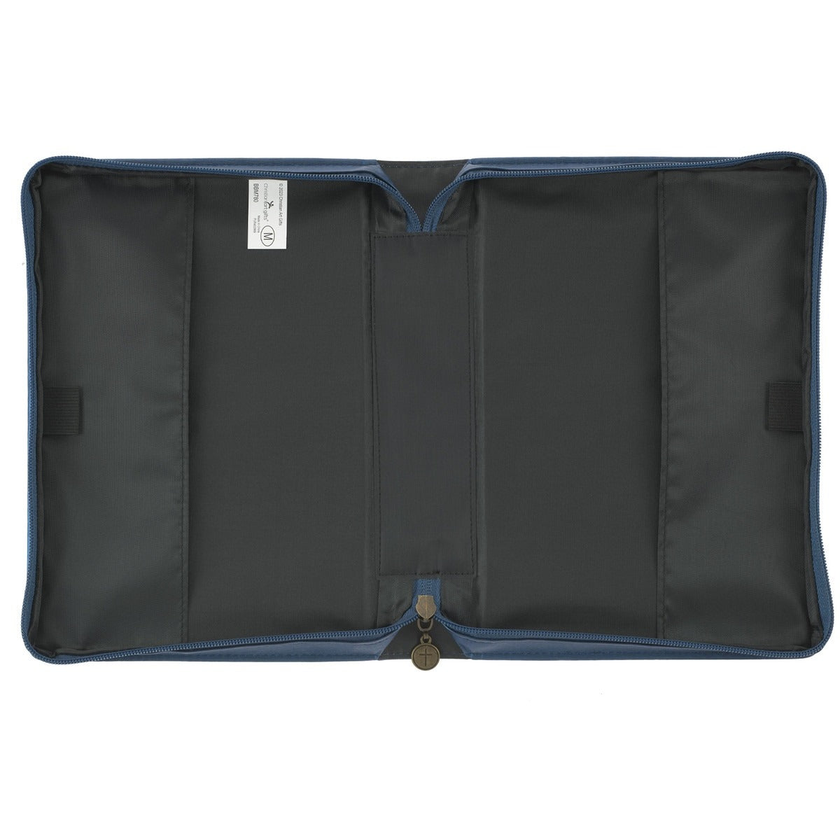 Open large Blessed Peacock Blue faux leather Bible cover showing black interior with zipper and pen holder loop