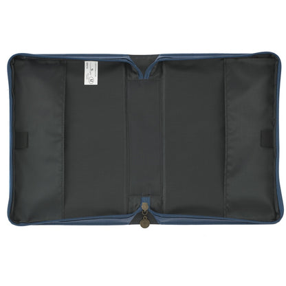 Open large Blessed Peacock Blue faux leather Bible cover showing black interior with zipper and pen holder loop