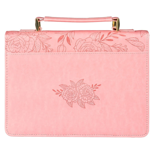 Rose pink faux leather Bible cover with floral embossed design and carrying handle, Proverbs 31:25 inspiration