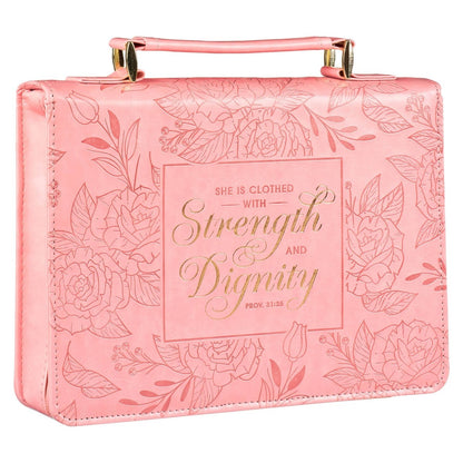 Rose pink faux leather Bible cover embossed with floral design and gold Proverbs 31:25 scripture text on front