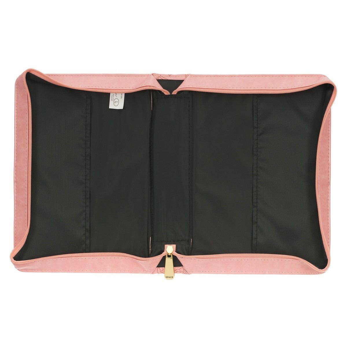 Open rose pink faux leather Bible cover with black interior lining and gold-tone zipper closure