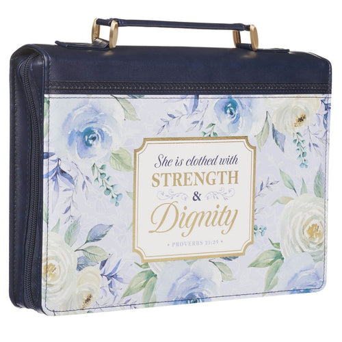 Extra large indigo rose faux leather Bible cover with floral design and Strength & Dignity Proverbs 31:25 scripture plaque