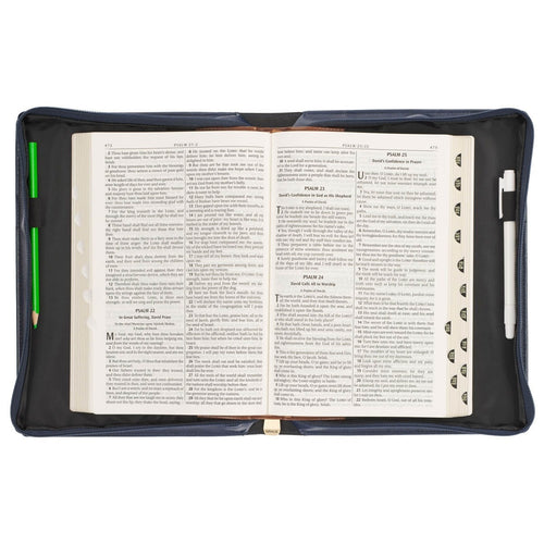 Extra large indigo rose faux leather Bible cover with pen slot, pencil holder, and open Bible inside protective case