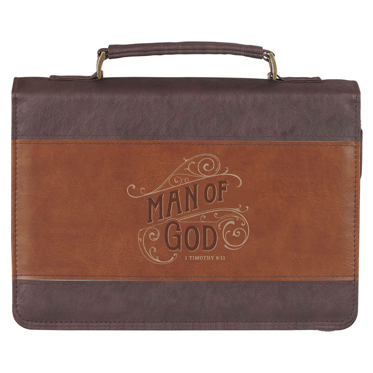 Medium honey-brown and espresso faux leather Bible cover with handle and "Man of God 1 Timothy 6:11" inscription