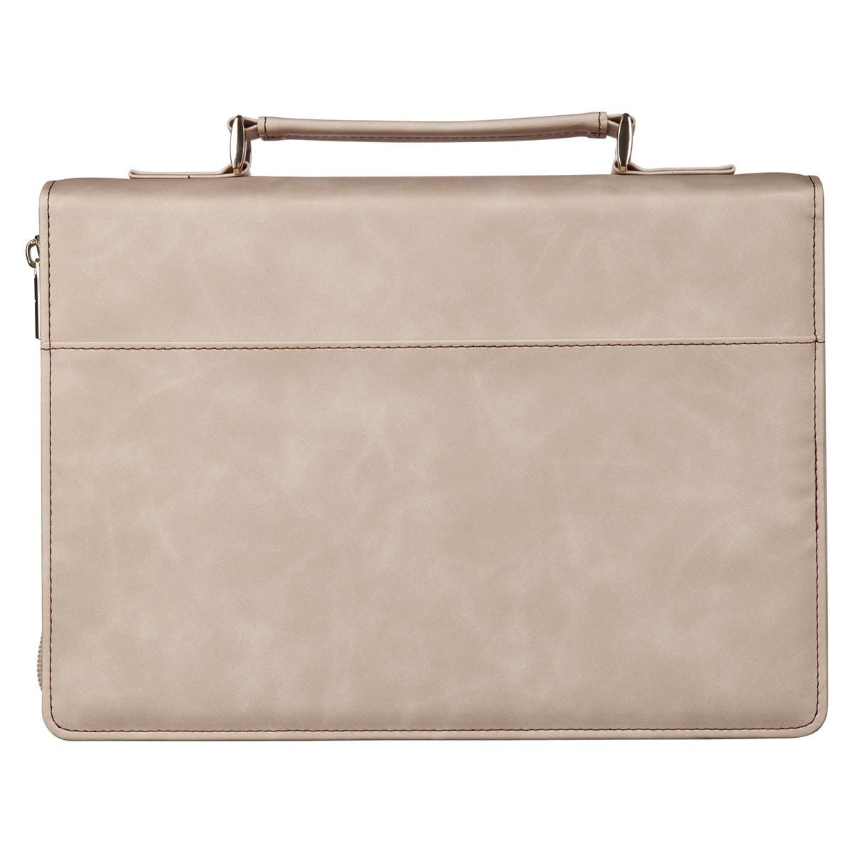 Large taupe faux leather Bible cover with handle, smooth texture, and secure zipper closure for protection and style