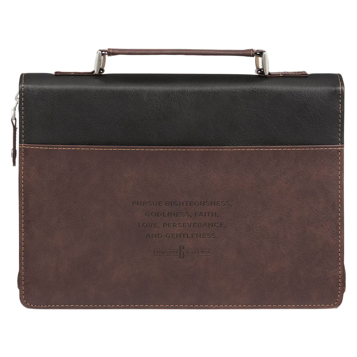Pursue Righteousness Black and Walnut Brown Faux Leather Classic Bible Cover - 1 Timothy 6:11 Medium