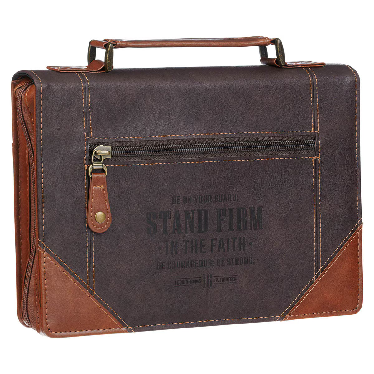 Stand Firm Espresso and Honey-brown Faux Leather Classic Bible Cover - 1 Corinthians 16:13 Medium