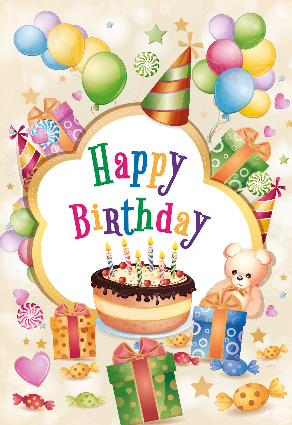 4 5/8" x 6 3/4" Happy Birthday card with colorful balloons, gifts, cake with candles, and teddy bear illustration