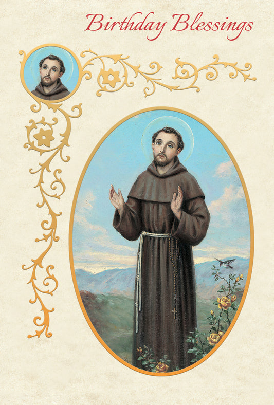 Saint Francis Birthday Blessings greeting card with gold foil decorative accents and serene saint image on cream background.