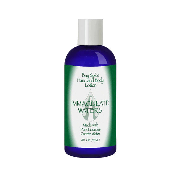 8oz blue bottle of Immaculate Waters Bay Spice Hand and Body Lotion with white cap and green label on white background