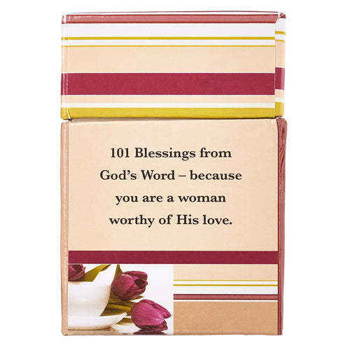 Sturdy lidded box with striped design and inspirational text “101 Blessings from God’s Word” for women’s Bible verses cards